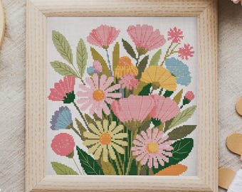 Wildflower Cross Stitch Pattern: Daisy Bouquet Embroidery (PDF Digital Download