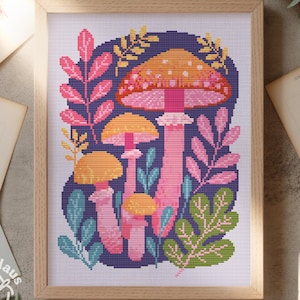 Colorful Mushroom Cross Stitch Pattern, Folk Art Toadstool Embroidery Chart (PDF)