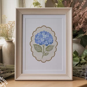 Korsstygnsmönster med hortensia i PDF-format, broderidiagram med blå hortensia, nålstygn med botaniska blommor, direktnedladdning
