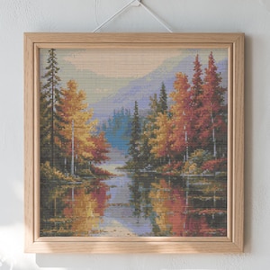 Autumn Forest Cross Stitch Pattern | Fall Landscape Embroidery PDF | Lake Reflection Needlepoint