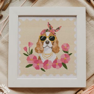 Cocker Spaniel Cross Stitch Pattern: Dog with Flowers (PDF Download)