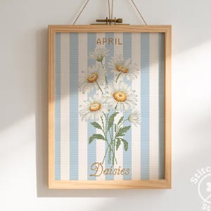 April Gänseblümchen Kreuzstichmuster, Geburtsblume Gänseblümchen Blumen, Kreuzstichkarte PDF