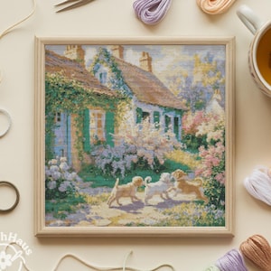 Patrón de jardín de cabaña con cachorros / Diseño de bordado de paisaje floral de casa / Punto de cruz contado DIY
