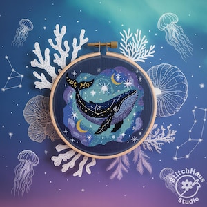 Galaxy Whale Cross Stitch Pattern: Ocean Constellation Embroidery (PDF Digital Download)