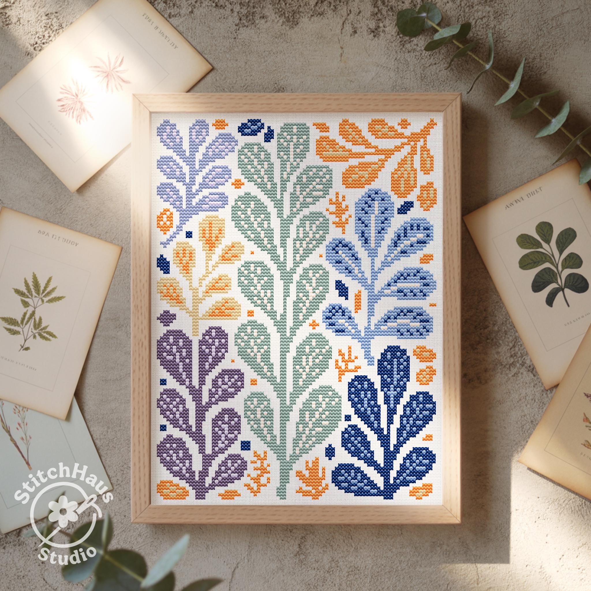 Modern Botanical Cross Stitch Pattern, Scandinavian Folk Art Embroidery ...