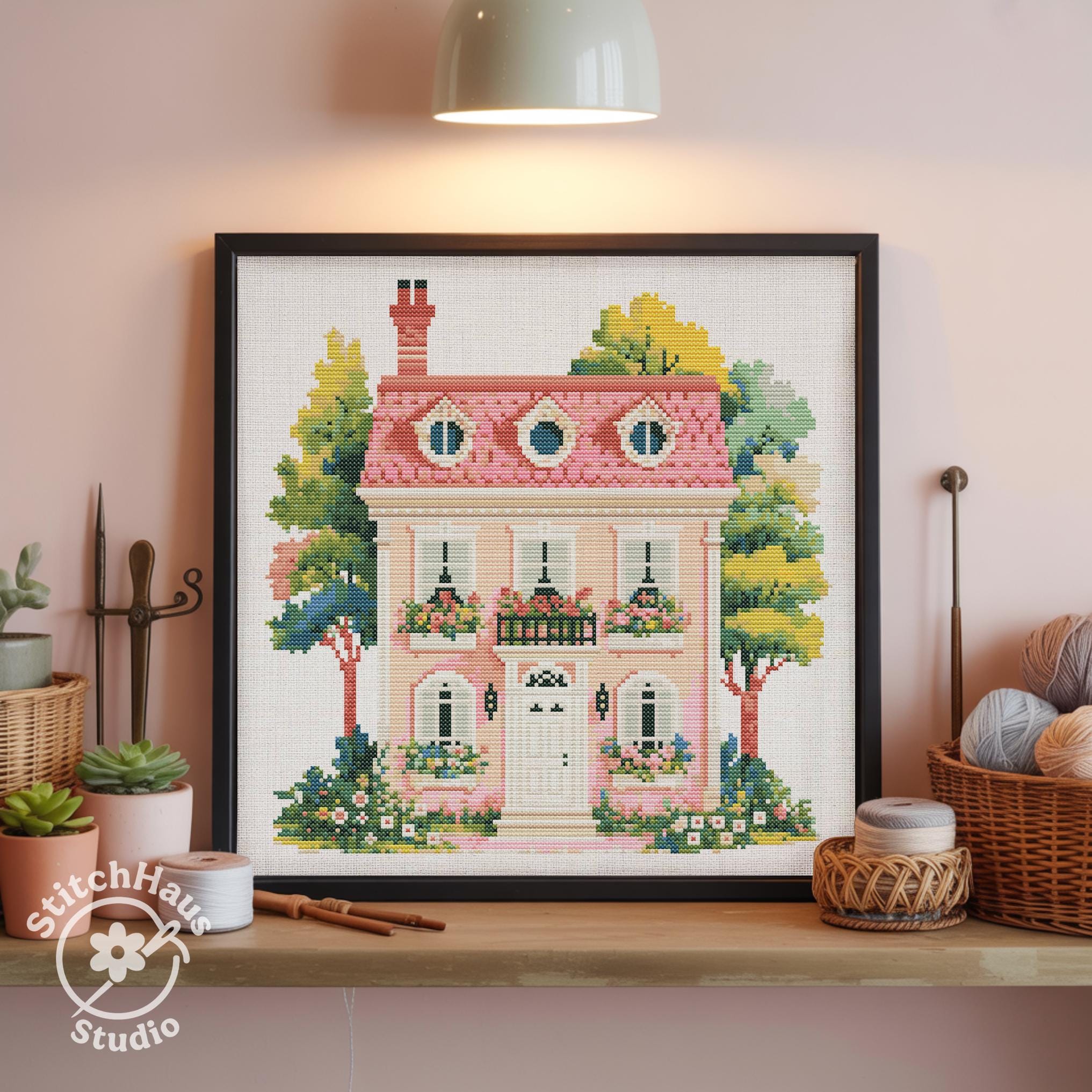 Pink Cottage Cross Stitch Pattern, Floral Garden Design (PDF Pattern ...