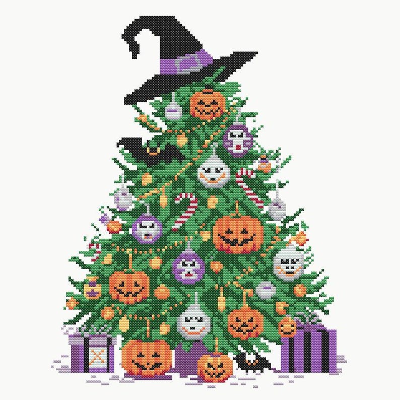 May include: A cross-stitch design of a Halloween-themed Christmas tree. The tree is decorated with jack-o'-lantern ornaments, purple and white ghost ornaments, and a witch's hat. Presents are at the base of the tree.