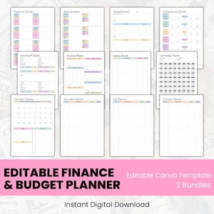 Könnte beinhalten: Eine Sammlung druckbarer Finanz- und Budgetplaner-Vorlagen. Die Seiten enthalten Abschnitte zur Verfolgung von Passwörtern, Bankkonten, Finanzzielen, Schuldenrückzahlung und monatlichen Ausgaben. Der Text "EDITABLE FINANCE & BUDGET PLANNER" ist unten zu sehen.