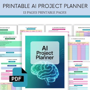 Könnte beinhalten: Eine Sammlung druckbarer Seiten für einen KI-Projektplaner. Das Cover zeigt "AI Project Planner" mit einer Gehirngrafik. Die Seiten enthalten Checklisten, Strategieleitfäden und Diagramme. Die PDF-Datei steht zum Download bereit.