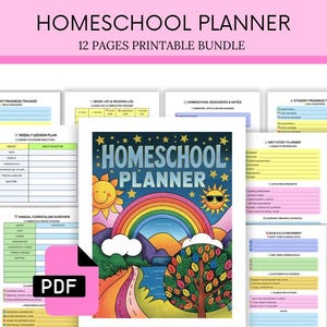 Könnte beinhalten: Ein Homeschool-Planer-Bundle mit 12 druckbaren Seiten. Das Cover zeigt eine farbenfrohe Illustration mit Regenbogen, Sonne und Baum. Der Text "HOMESCHOOL PLANNER" ist prominent dargestellt. Enthält Schüler-Tracker und Wochenpläne.