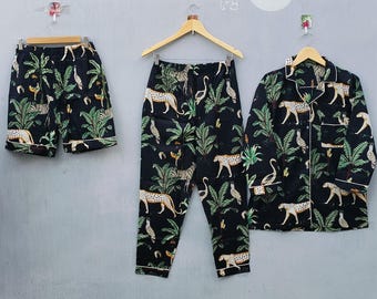 Cotton Pajama Set | Black Jungle Animal Print Sleepwear