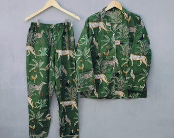Green Jungle Print Night Suit | Cotton Pajama Set for Women | Safari Animal Loungewear | Comfortable Sleepwear | Button Down PJs