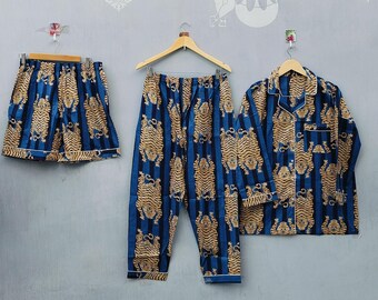 Handmade Cotton Pajama Set | Blue Tiger Print Loungewear