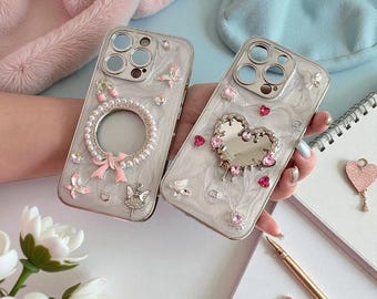 Funda para iPhone con espejo y corazón de diamante brillante, dije de ballet