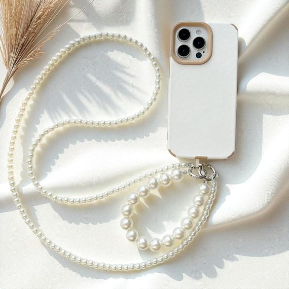 Luxury Pearl Leather Phone Lanyard, Korean Designer Double Chain