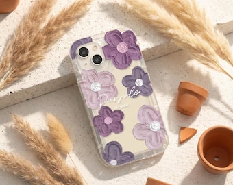 Stoßfeste weiche lila Blumenhülle für iPhone 16, 15, 14, 13, 12.