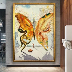 May include: A large framed artwork featuring a surreal butterfly with orange and yellow wings. The painting has a gold frame and is displayed in a modern interior with a marble floor and wooden paneling.