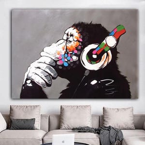 Banksy Monkey Wall Art Canvas Print–Modern Graffiti Thinking Monkey Decor for Living Room & Office Accent Banksy Graffiti Print, Modern Art
