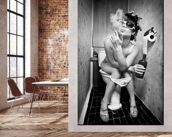 Fashion Girl Toilet Art Print: Stylish Black and White (Digital Download)