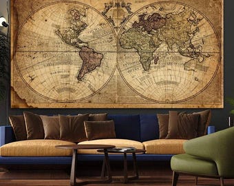 Vintage World Map Canvas Print, Office Wall Decor (Digital Download)