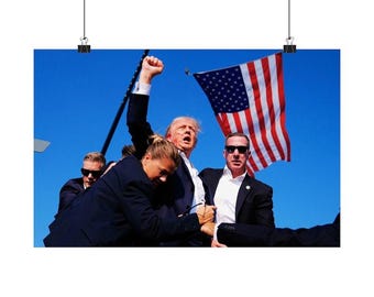 May include: A poster featuring a group of people, including a man raising his fist, with an American flag waving in the background against a clear blue sky. The image is a medium shot, with the subjects in focus.