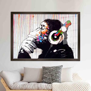 Banksy Monkey Wall Art Canvas Print–Modern Graffiti Thinking Monkey Decor for Living Room & Office Accent Banksy Graffiti Print, Modern Art