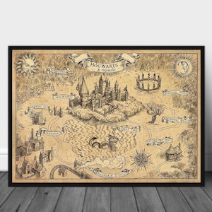 May include: A sepia-toned map of Hogwarts and its environs, framed in black. The map depicts the castle, the Forbidden Forest, the Great Lake, and other locations. The title "Hogwarts & Environs" is displayed on a banner, with detailed illustrations.