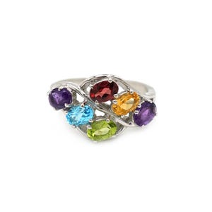 Naturalny, autentyczny ametyst, granat, niebieski topaz, cytryn i peridot, srebrny pierścionek 925, owalny szlif, wielokamienny srebrny pierścionek, biżuteria artystyczna, prezent dla niej