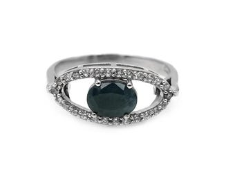 Oval Blue Sapphire Ring: Sterling Silver & White Topaz