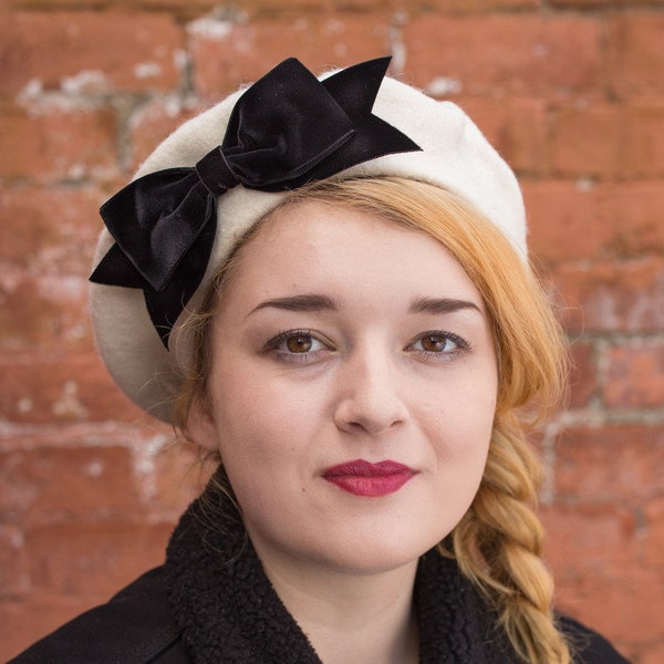 Ivory Beret Hat with Black Velvet Ribbon Bow, Ivory Wool Felt French Beret Hat, Ivory Women's Winter Hat