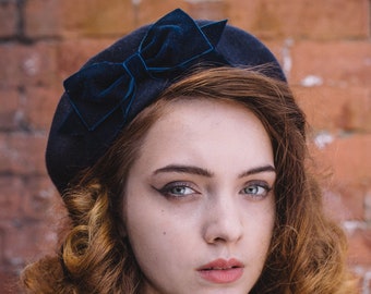 Navy Blue Wool Felt Beret Hat with Navy Blue Velvet Ribbon Bow, Navy Blue French Beret Hat, Navy Blue Women's Winter Hat