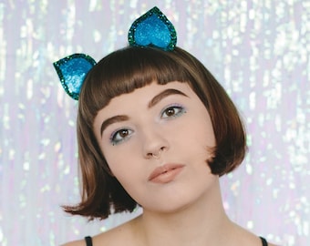 Peacock Glitter Cat Ears Headband, Halloween Glitter Cat Ears Headband, Peacock Glitter Kitty Headband, Party Cat Ears Headband