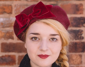 Wine Red Wool Felt Beret Hat with Wine Red Velvet Ribbon Bow, Burgundy Red French Beret Hat, Oxblood Red Winter Hat