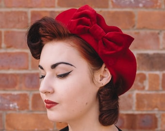 Red Wool Felt Beret Hat with Red Velvet Bow, Red French Beret Hat, Red Women's Winter Hat