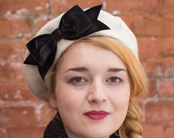 Ivory Beret Hat with Black Velvet Ribbon Bow, Ivory Wool Felt French Beret Hat, Ivory Women's Winter Hat