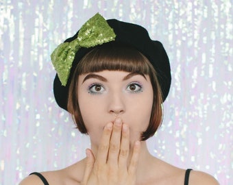 Black Wool Felt Beret Hat with Lime Green Sequin Bow, Black French Beret Hat, Women's Black Winter Hat