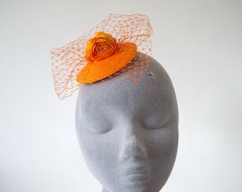 Orange Fascinator, Orange Flower Fascinator, Orange Fascinator with Veiling, Orange Cocktail Hat, Orange Hatinator, Orange Headpiece