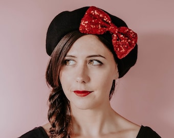 Black Wool Felt Beret Hat with Scarlet Red Sequin Bow, Black French Beret Hat, Women's Black Winter Hat