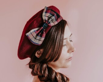 Wine Red Beret Hat with Wine Red Tan Tartan Bow, Oxblood Red Wool Felt French Beret Hat, Burgundy Red Winter Hat