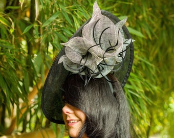 Black Sinamay Hat with Lily Flowers and Feathers, Black Race Day Hat, Black Ascot Hat, Black Kentucky Derby Hat, Large Black Formal Hat