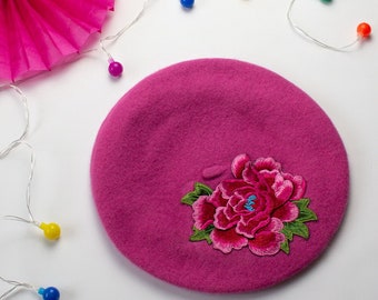 Pink Wool Felt Beret Hat with Large Embroidery Flower, Pink French Beret Hat, Women's Pink Winter Hat