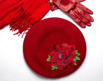 Red Beret Hat with Large Embroidery Flower, Red Wool Felt Beret Hat, Red French Beret Hat, Women's Red Winter Hat