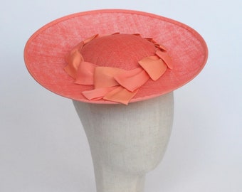 Coral Sinamay Brimmed Hat with Ribbon Trim, Coral Race Day Hat, Coral Wedding Hat, Coral Ascot Hat, Coral Percher Hat, Coral Occasion Hat