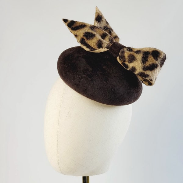 Brown Felt Pill Box Hat with Leopard Print Bow, Cocktail Hat for Cheltenham Races, Brown Race Day Hat, Brown Occasion Hat for Weddings