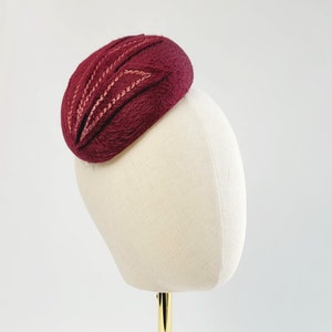 Maroon Felt Hat with Embroidery, Wine Red Cocktail Hat, Burgundy Red Wedding Hat, Red Race Day Hat, Red Occasion Hat, Cheltenham Races Hat image 1