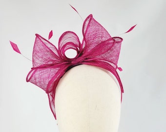 Dark Pink Loop Fascinator with Coque Feathers, Pink Sinamay Fascinator, Pink Wedding Fascinator, Pink Hatinator, Pink Race Day Fascinator