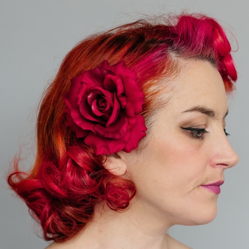 Dark Red Velvet Rose Hair Flower Clip And Optional Brooch Pin