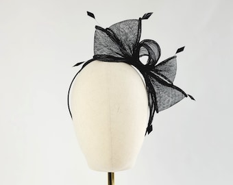 Black Loop Fascinator with Coque Feathers, Black Sinamay Fascinator, Black Wedding Fascinator, Black Hatinator, Black Race Day Fascinator