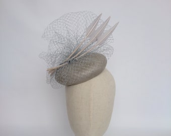 Grey Straw Pill Box Hat with Veiling and Feathers, Grey Cocktail Hat, Grey Race Day Hat, Grey Occasion Hat, Grey Ascot Hat, Grey Wedding Hat