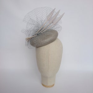 Grey Straw Pill Box Hat with Veiling and Feathers, Grey Cocktail Hat, Grey Race Day Hat, Grey Occasion Hat, Grey Ascot Hat, Grey Wedding Hat image 1